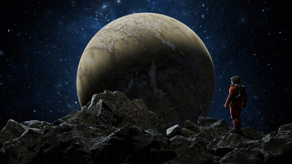 Astronaut gazes at a large planet from a rocky, extraterrestrial surface under a night sky dotted with stars. 3d render