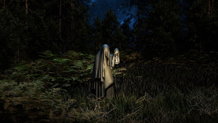 Cloaked mysterious figure stands among ferns in the forest, holding an old fashioned lantern in the dusk. 3d render