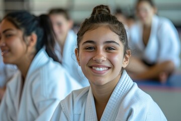 Portrait of happy students in a judo class at the gym