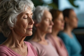 Portrait of elderly women sit in the lotus position meditating in a yoga studio. Mental and spiritual health development at any age	 - obrazy, fototapety, plakaty