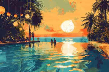 Illustration of beach party near pool on golden hour. Risograph style.