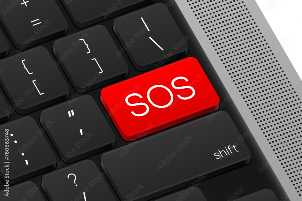 Poster sos button. computer keyboard. word on pc computer keyboard. vector illustration.