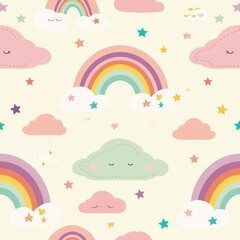 Whimsical cloud and rainbow design in soft, pastel colors. seamless