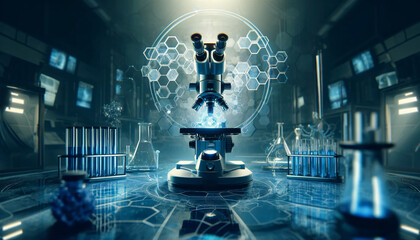 A futuristic laboratory setting with a dominant blue color tone. The image is feature a high-powered microscope at the center - obrazy, fototapety, plakaty