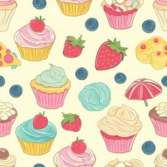 Naklejka premium Whimsical pattern of cupcakes and sweets in pastel colors. seamless