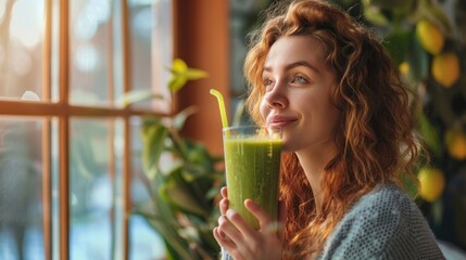 young woman prepares the detox smoothie superfoods like spinach and chia seeds for an extra health boost. - obrazy, fototapety, plakaty