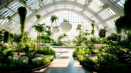 Evergreen palms and various exotic plants in greenhouse in futuristic style, exotic tropical plants in sunny day, long stem and leaf succulents, african huge plant in green botanic garden.