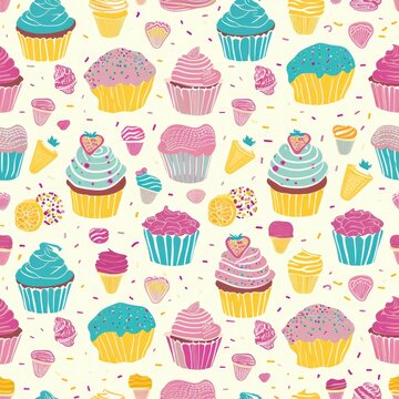 Whimsical pattern of cupcakes and sweets in pastel colors. seamless