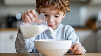 Boy pouring milk in to the bowl on table at home.