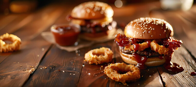 Barbecue burger with bacon, sauce and onion rings on wooden table. Generative ai design.