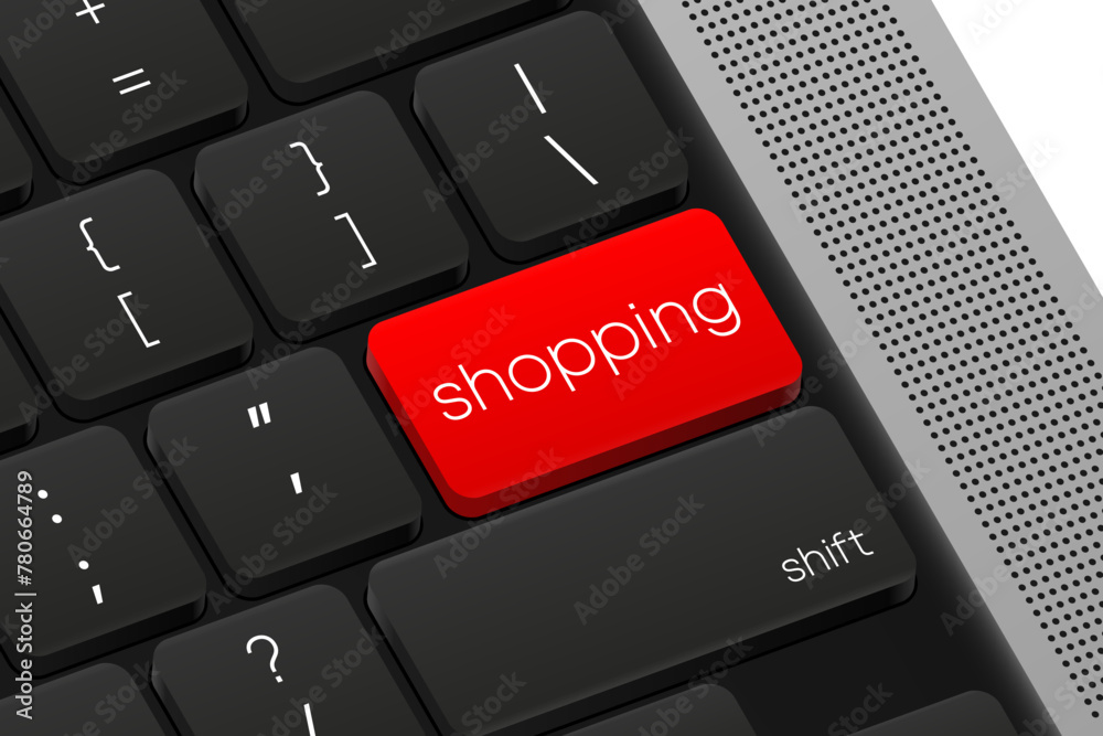 Poster shopping button. computer keyboard. word on pc computer keyboard. vector illustration.