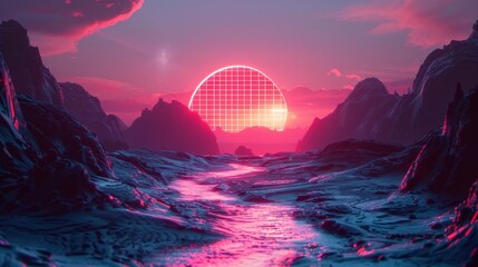 A surreal 3D landscape with a neon sun casting a grid-like shadow