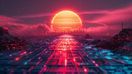 Fototapeta na wymiar A surreal 3D grid landscape with a neon sun and retro wave, creating a dreamlike fusion of past and future