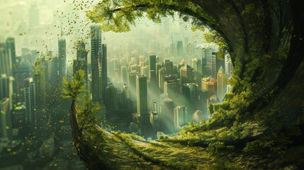 A surreal depiction of a spiral green world, where a cityscape is nestled inside an eggshell - obrazy, fototapety, plakaty