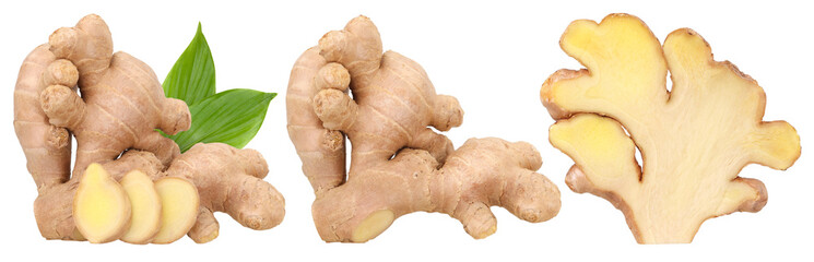 Fresh ginger rhizome with green leaves and slices isolated, half ginger root isolated, transparent PNG,  PNG format, cut out, Close-up