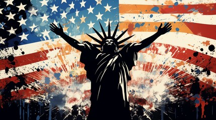 Celebration liberty symbol pride fourth of july, statue of liberty on american flag background - obrazy, fototapety, plakaty