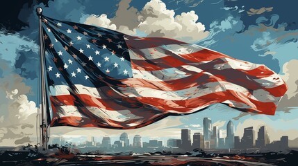 American cityscape wave background american flag