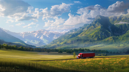 A striking red delivery truck contrasts with the tranquil green and gold of a vast mountainous terrain under a cloudy sky.