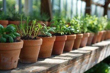 Fototapeta na wymiar Row of culinary herb plants in terracotta pots on a wooden greenhouse shelf. Concept of home gardening and sustainable living