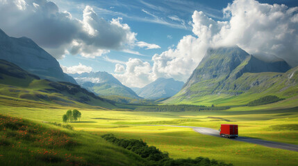 A lone red truck drives on a smooth road through a breathtaking alpine meadow with majestic mountains under a dynamic sky.