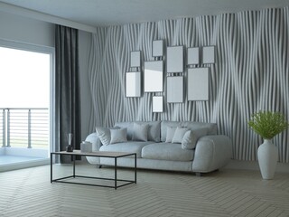 jasny i nowoczesny salon z wygodną dużą sofą i drewnianą ozdobną ścianą z lamelami i ramkami na ścianie