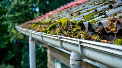 Neglected Gutters Overgrown with Moss and Debris. Concept Gutter Maintenance, Moss Removal, Debris Clearing, Neglected Home Exterior, Overgrown Downspouts - obrazy, fototapety, plakaty