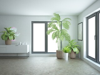 jasny i nowoczesny salon z wygodną dużą sofą i roślinami domowymi urban jungle palmami - obrazy, fototapety, plakaty