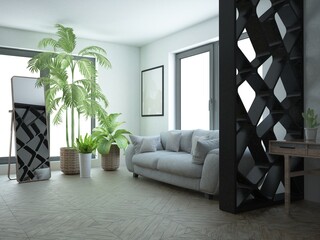 jasny i nowoczesny salon z wygodną dużą sofą i roślinami domowymi urban jungle palmami © VILKTERIO