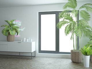jasny i nowoczesny salon z dużym oknem i roślinami domowymi urban jungle palmami © VILKTERIO