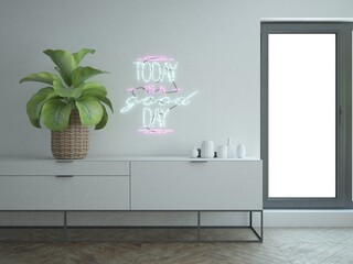 Ściana pokoju salonu z nowoczesną szafką minimalistycznymi dekoracjami i światłem led neon © VILKTERIO