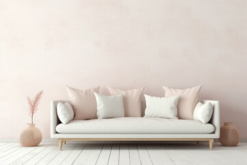 Picture the elegance of a beige and Scandinavian sofa in front of a white blank empty frame for copy text, against a soft color wall background.