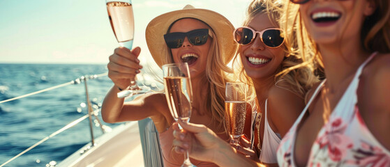 Fototapeta na wymiar Smiling girls with champagne glasses on boat or yacht. summer holidays, vacation, travel, sea, holidays concept. close up of happy friends clinking glasses of champagne and sailing on yacht