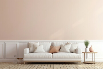 Picture the elegance of a beige and Scandinavian sofa in front of a white blank empty frame for...
