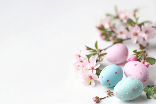 Easter festive banner with pink pink blossoming branches and colored easter eggs on white background. Copy Space. Place for text. Discount easter banner. selective focus. Generative AI.