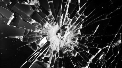 Dark reflection, background of broken glass on a black background, close-up, copy space