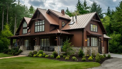 Fototapeta na wymiar Elegant Home with Brown Metal Siding and Roofing. Concept Home Renovation, Exterior Design, Metal Siding, Roofing Materials, Elegant Home