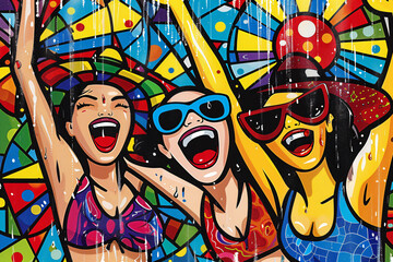 Vibrant graffiti of three women laughing and celebrating. Colorful street art on wall expressing joy and happiness with a dynamic and festive background. Celebration and happiness concept