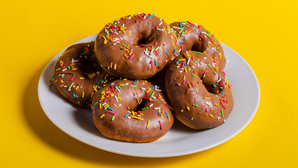 Chocolate donuts on plate isolated on yellow