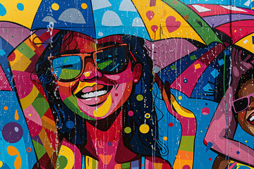 Colorful graffiti of a woman with an umbrella. Vibrant street art with multicolored abstract background and raindrops effect. Urban art representing joy and positivity