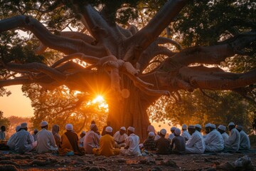 Vivid image of young African Muslims sharing gifts during Eid al-Fitr, in the shade of a large baobab tree, community spirit, rich landscape texture and traditional clothing.