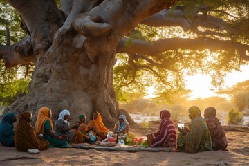 Vivid image of young African Muslims sharing gifts during Eid al-Fitr, in the shade of a large baobab tree, community spirit, rich landscape texture and traditional clothing.