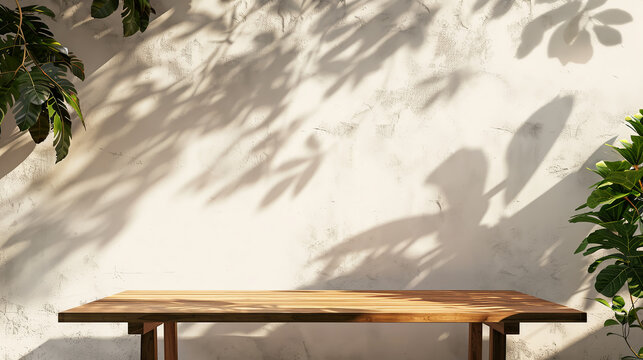 Empty wood table standing with plants leaves and shadows