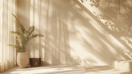 Modern beige Interior with geometrical sunlight, shadows and natural decor. Empty wall mockup Generative AI - obrazy, fototapety, plakaty