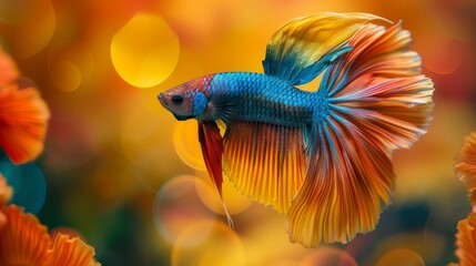 A Siamese betta fish's elegance, its yellow, red, and blue hues captured in a breathtaking close-up