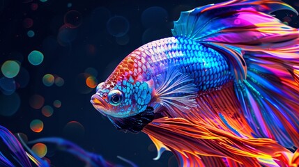 A mesmerizing moment with a fighting fish, its rainbow beauty highlighted in a detailed close-up against black