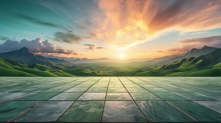 Fototapeta na wymiar Empty square floor and green mountain with sky clouds at sunset. Panoramic view, adorned with wispy clouds, forming a captivating panoramic tableau of nature's beauty
