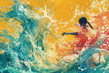 Person in red interacting with dynamic blue and orange waves. Abstract energetic art on yellow background. Creative expression and motion concept for poster and wallpaper design - obrazy, fototapety, plakaty