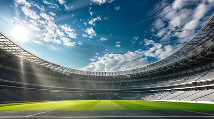 Empty Modern Stadium with Sun Rays Shining on Green Field and Blue Sky