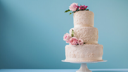Elegant Three-Tiered Wedding Cake with Pink Floral Topper