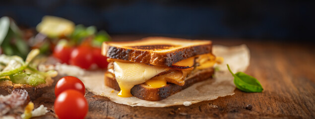 A horizontally cropped close up photo of a freshly prepared grilled cheese sandwich with mixed cheeses and  perfectly toasted crusty bread - a delicious simple vegetarian lunch, room for type headline - Powered by Adobe